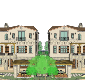 中式连排别墅草图大师模型，别墅sketchup模型