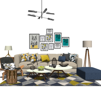 北欧布艺沙发组合su模型，沙发组合sketchup模型下载