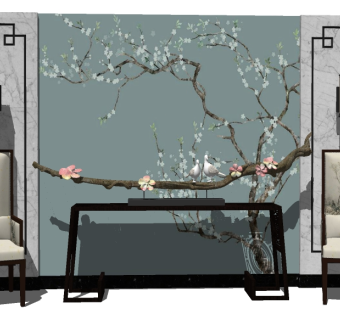 中式端景条案组合草图大师模型，端景条案sketchup模型下载