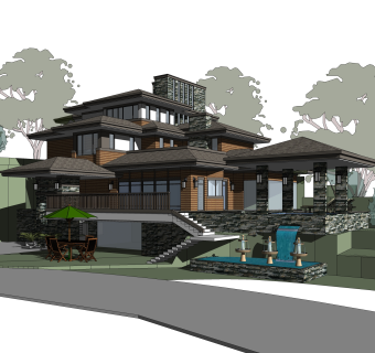 新中式独栋别墅草图大师模型，sketchup别墅su模型下载