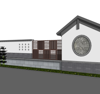 中式景观墙SU模型下载，景观墙skb模型分享