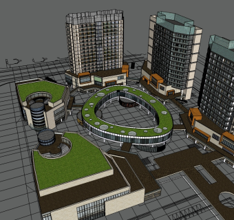 现代中心商业区规划免费su模型下载、中心商业区规划草图大师模型下载