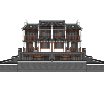 中式联排别墅su模型，别墅skb文件下载