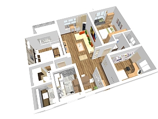现代三居室户型透视草图大师模型，三居室户型透视sketchup模型下载
