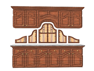 美式实木橱柜草图大师模型，一字形厨房柜sketchup模型下载