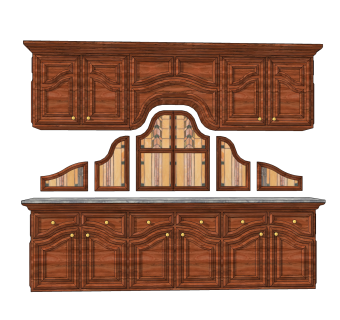 美式实木橱柜草图大师模型，一字形厨房柜sketchup模型下载