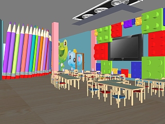 现代幼儿园<em>手工</em>教室免费su模型，幼儿园skb文件下载
