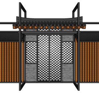 中式景观墙sketchup模型下载，景观墙草图大师模型