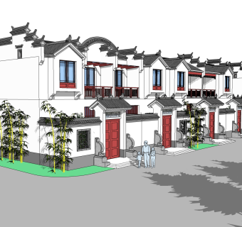 中式联排别墅su模型，别墅skp模型下载