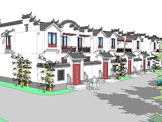 中式联排别墅su模型，别墅skp模型下载