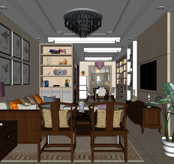 新中式客厅免费su模型草图大师文件下载