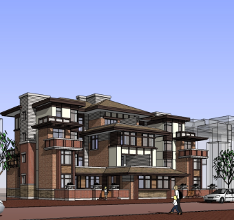 欧式连排别墅su模型免费下载，sketchup别墅草图大师模型