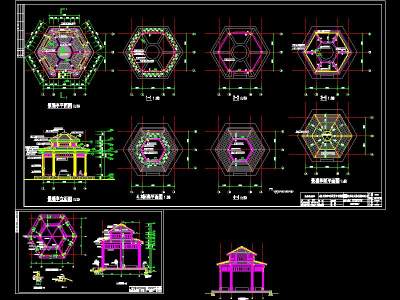 各种亭子CAD施工图，亭子CAD建筑图纸下载