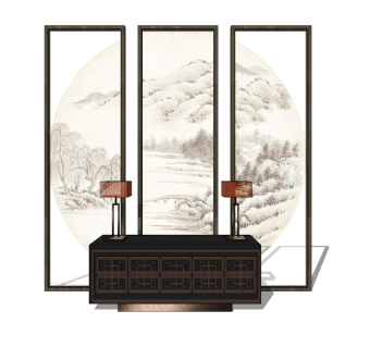 新中式背景墙su模型，背景墙草图大师模型下载