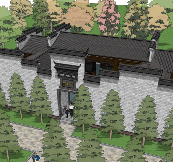 新中式徽派建筑草图大师模型，古建民俗sketchup模型免费下载