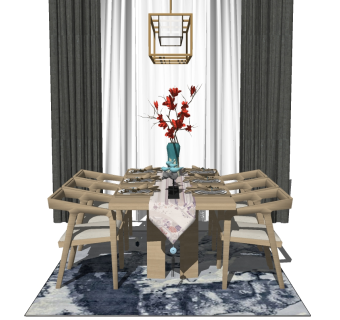 新中式餐桌椅su模型，餐桌椅sketchup模型下载