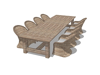 现代实木餐桌椅su模型，八人餐桌长方形餐桌草图大师模型下载