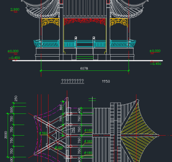 原创中式六角亭全套CAD施工图，六角亭CAD建筑图纸下载