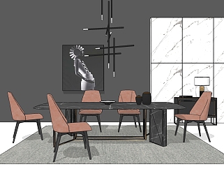 现代轻奢餐桌椅组合su模型，餐桌sketchup模型下载