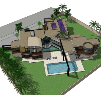 独栋泳池别墅草图大师模型，别墅SU模型下载