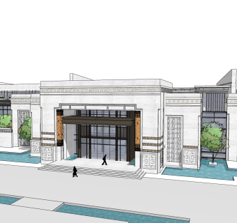 新中式售楼处建筑方案草图大师模型，售楼部建筑沙盘sketchup模型免费下载