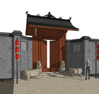 中式古建门头草图大师模型，古代院门sketchup模型免费下载