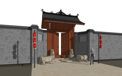 中式古建门头草图大师模型，古代院门sketchup模型免费下载