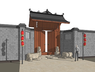 中式古建门头草图大师模型，古代院门sketchup模型免费下载