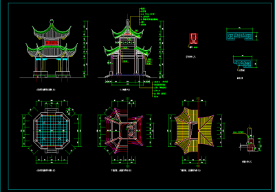 现代中式八角亭cad施工图，观景亭cad竣工图下载