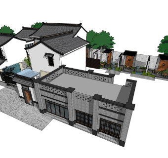 中式别墅建筑草图大师模型，古建民俗sketchup模型免费下载