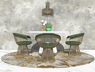 现代圆形餐桌椅su模型，餐桌sketchup模型下载