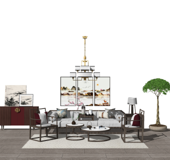 中式沙发组合草图大师模型，沙发组合sketchup模型下载