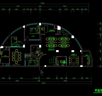 半圆形办公区装修施工图，CAD建筑图纸免费下载