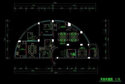 半圆形办公区装修施工图，CAD建筑图纸免费下载