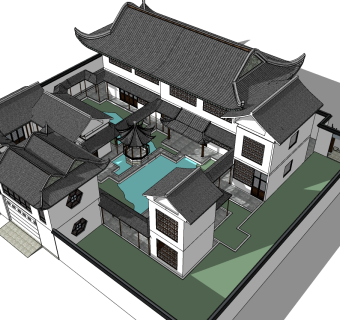 中式别墅四合院su模型下载、中式别墅四合院草图大师模型下载