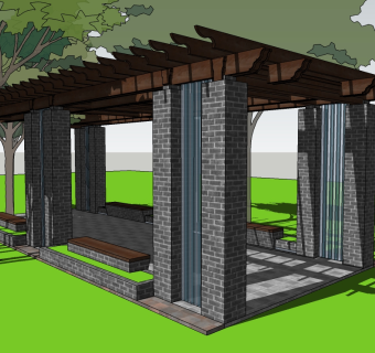 现代青砖廊架草图大师模型，青砖廊架sketchup模型下载