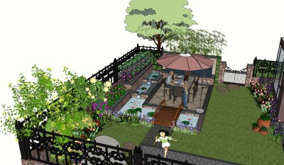 现代中式小区庭院，sketchup模型免费下载