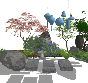 中式枯山水园艺小品草图大师模型，枯山水园艺小品sketchup模型下载