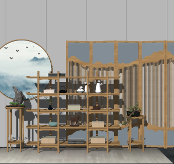 新中式实木书架装饰架su模型，书架装饰柜组合草图大师模型下载