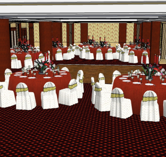 现代酒店宴会厅草图大师模型下载，酒店餐厅SU模型