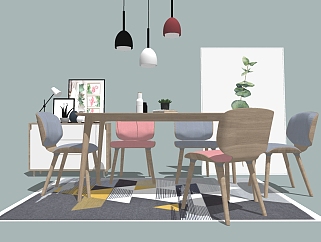 北欧实木餐桌椅组合su模型， 餐桌sketchup模型下载