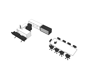 现代白色班台桌与会议桌su模型，班台桌附会议桌skp模型下载