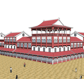 中式商业街建筑草图大师模型，古建民俗sketchup模型免费下载