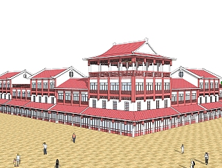 中式商业街建筑草图大师模型，古建民俗sketchup模型免费下载