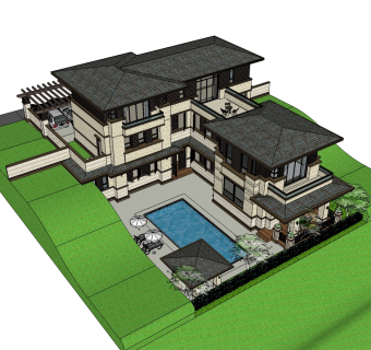 现代独栋泳池别墅草图大师模型，别墅SU模型下载