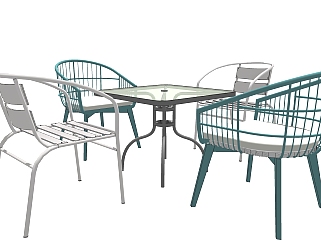 现代沙滩太阳伞户外桌椅组合草图大师模型，桌椅组合...