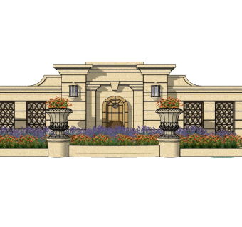 欧式景观墙SU模型下载，景观墙skb模型分享