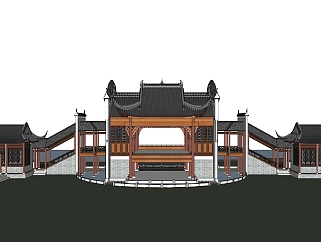 中式门楼戏台su模型下载、门楼戏台草图大师模型下载