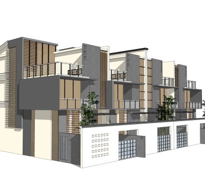 现代连排别墅su模型下载，sketchup别墅草图大师模型