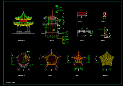 多套中式观赏亭cad图纸，观景亭cad施工图下载